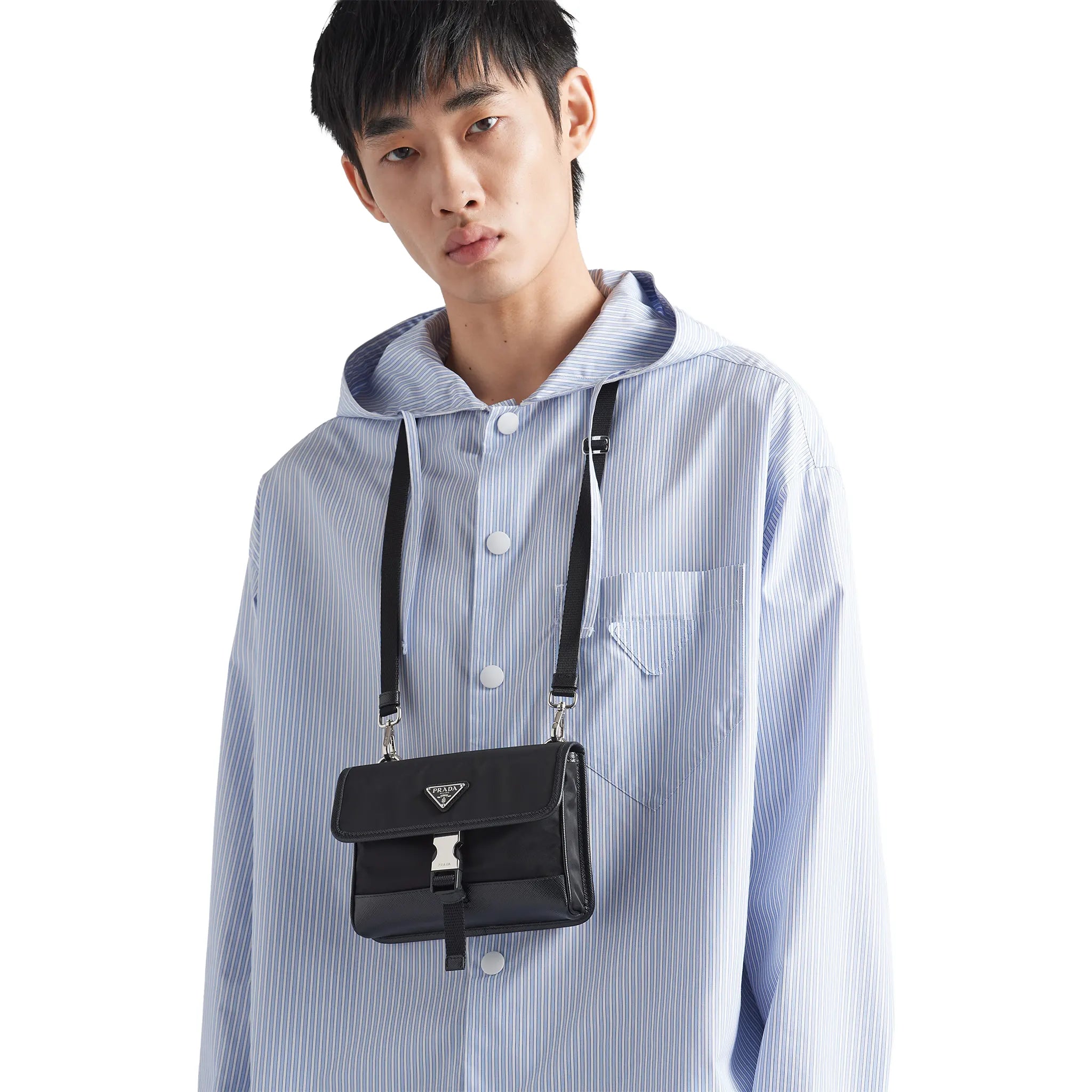 Model View of Prada Re-Nylon Saffiano Leather Black Smartphone Case 2ZH108_2DMH_F0002